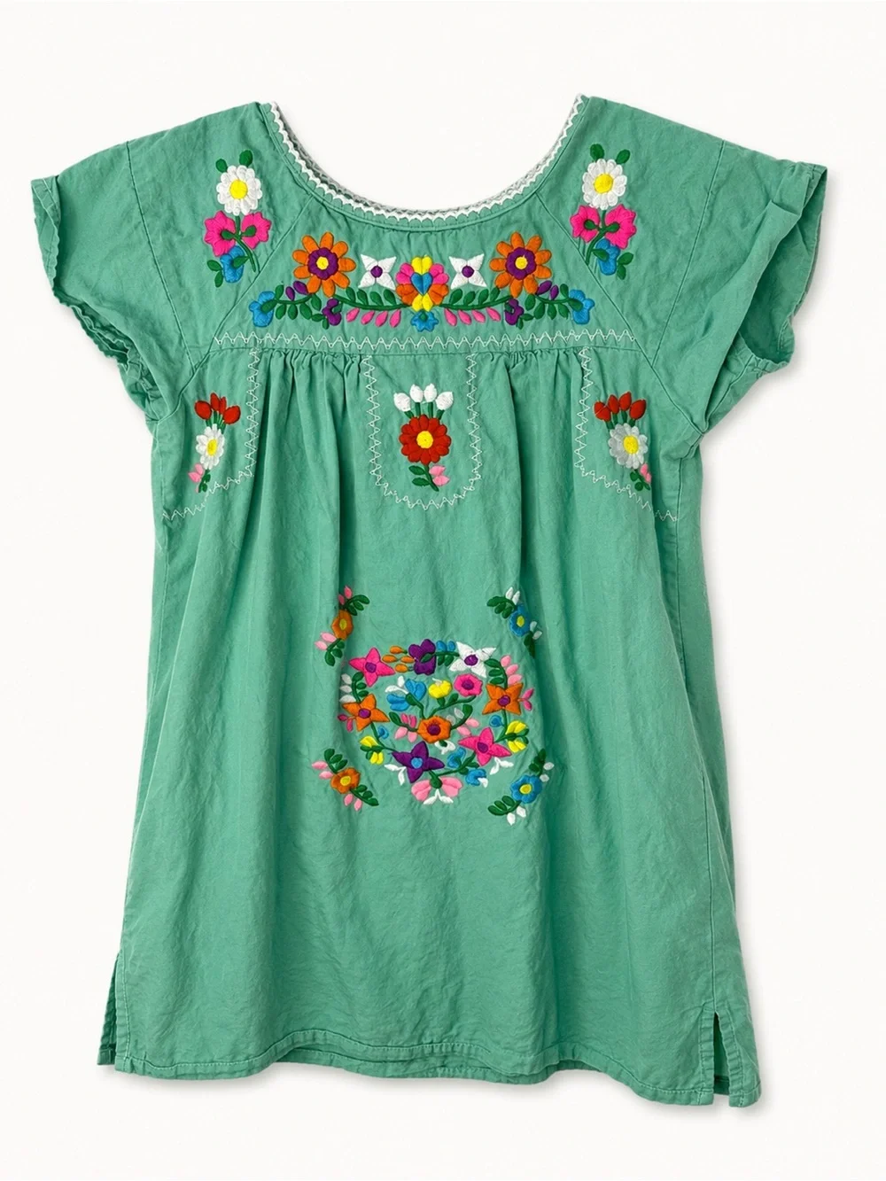 Handmade Mexican Embroidered Green Girls' Cotton Dress